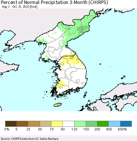 Korea Percent of Normal Precipitation 3-Month (CHIRPS) Thematic Map For 8/1/2023 - 10/31/2023