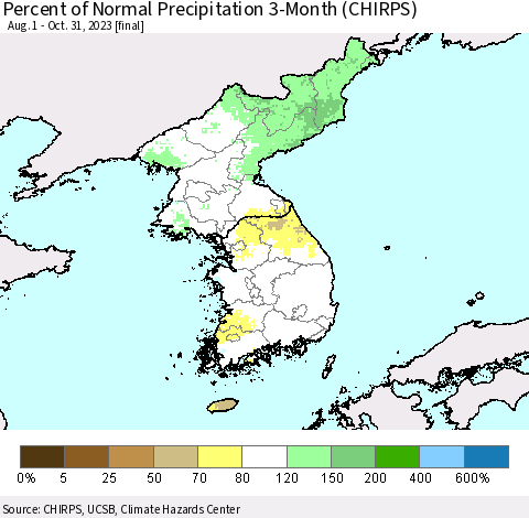 Korea Percent of Normal Precipitation 3-Month (CHIRPS) Thematic Map For 8/1/2023 - 10/31/2023