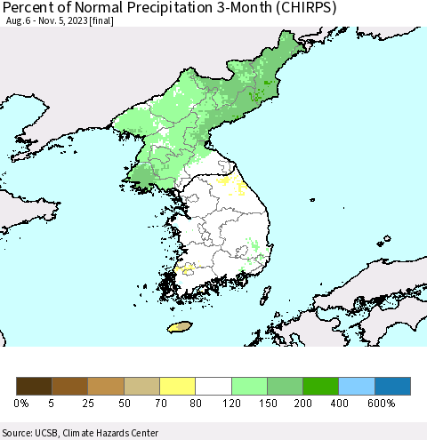 Korea Percent of Normal Precipitation 3-Month (CHIRPS) Thematic Map For 8/6/2023 - 11/5/2023