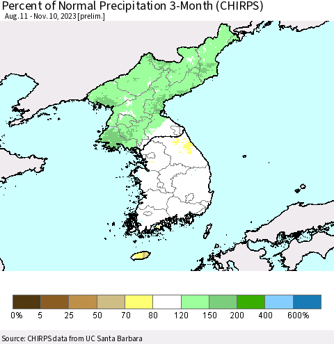 Korea Percent of Normal Precipitation 3-Month (CHIRPS) Thematic Map For 8/11/2023 - 11/10/2023