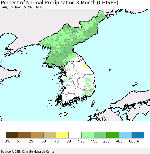 Korea Percent of Normal Precipitation 3-Month (CHIRPS) Thematic Map For 8/16/2023 - 11/15/2023
