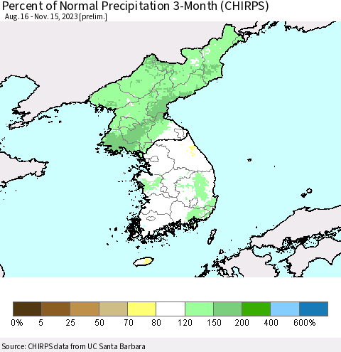 Korea Percent of Normal Precipitation 3-Month (CHIRPS) Thematic Map For 8/16/2023 - 11/15/2023