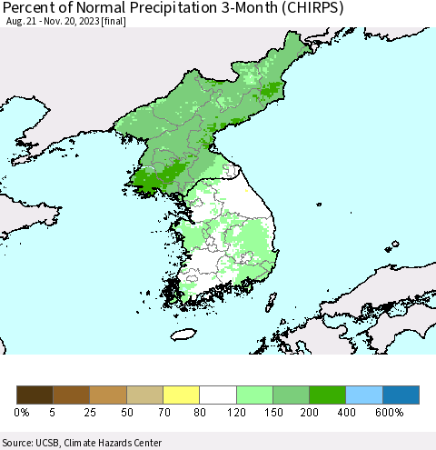 Korea Percent of Normal Precipitation 3-Month (CHIRPS) Thematic Map For 8/21/2023 - 11/20/2023