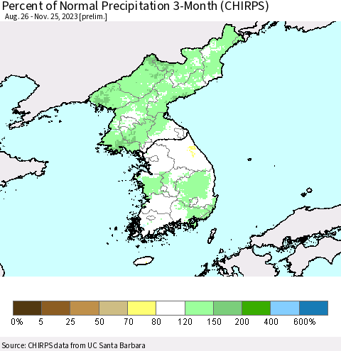 Korea Percent of Normal Precipitation 3-Month (CHIRPS) Thematic Map For 8/26/2023 - 11/25/2023