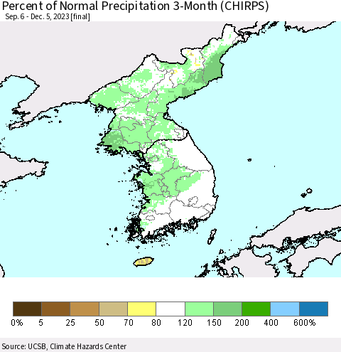 Korea Percent of Normal Precipitation 3-Month (CHIRPS) Thematic Map For 9/6/2023 - 12/5/2023
