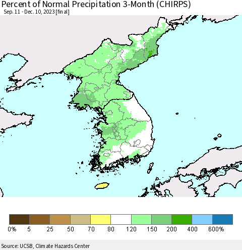Korea Percent of Normal Precipitation 3-Month (CHIRPS) Thematic Map For 9/11/2023 - 12/10/2023