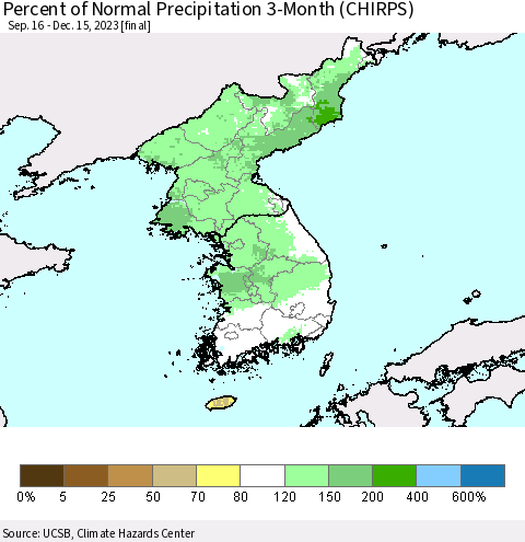 Korea Percent of Normal Precipitation 3-Month (CHIRPS) Thematic Map For 9/16/2023 - 12/15/2023
