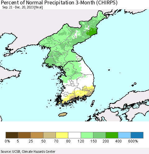 Korea Percent of Normal Precipitation 3-Month (CHIRPS) Thematic Map For 9/21/2023 - 12/20/2023
