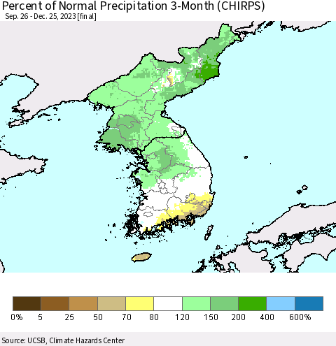 Korea Percent of Normal Precipitation 3-Month (CHIRPS) Thematic Map For 9/26/2023 - 12/25/2023