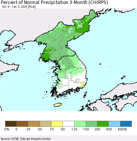 Korea Percent of Normal Precipitation 3-Month (CHIRPS) Thematic Map For 10/6/2023 - 1/5/2024