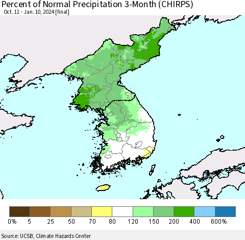 Korea Percent of Normal Precipitation 3-Month (CHIRPS) Thematic Map For 10/11/2023 - 1/10/2024