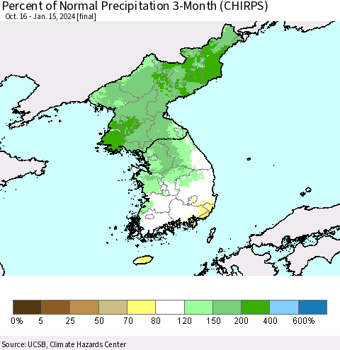 Korea Percent of Normal Precipitation 3-Month (CHIRPS) Thematic Map For 10/16/2023 - 1/15/2024