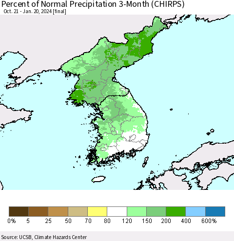 Korea Percent of Normal Precipitation 3-Month (CHIRPS) Thematic Map For 10/21/2023 - 1/20/2024