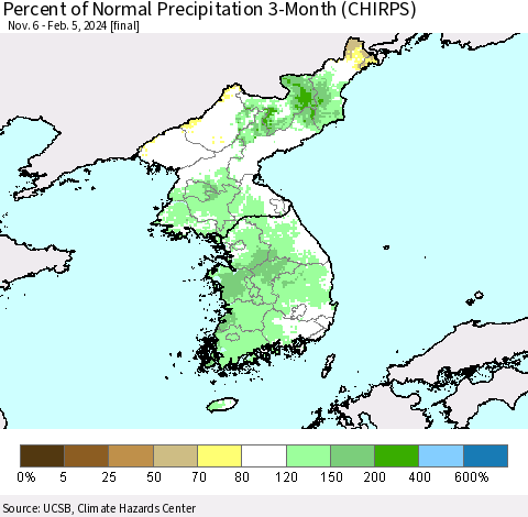 Korea Percent of Normal Precipitation 3-Month (CHIRPS) Thematic Map For 11/6/2023 - 2/5/2024