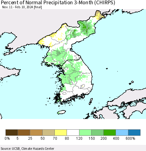 Korea Percent of Normal Precipitation 3-Month (CHIRPS) Thematic Map For 11/11/2023 - 2/10/2024