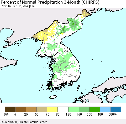 Korea Percent of Normal Precipitation 3-Month (CHIRPS) Thematic Map For 11/16/2023 - 2/15/2024