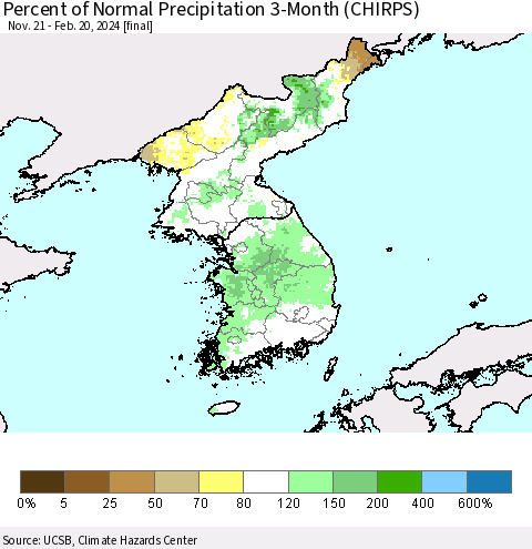 Korea Percent of Normal Precipitation 3-Month (CHIRPS) Thematic Map For 11/21/2023 - 2/20/2024