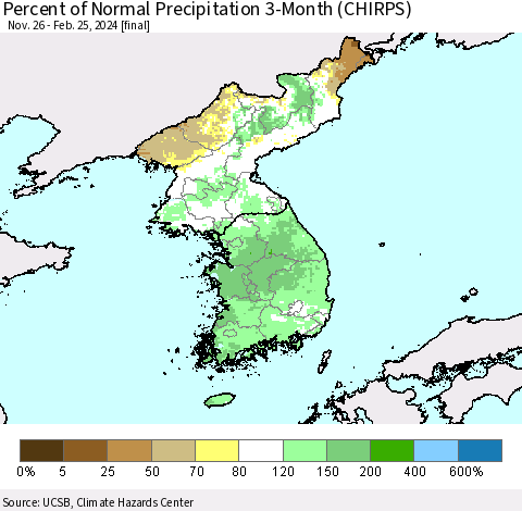 Korea Percent of Normal Precipitation 3-Month (CHIRPS) Thematic Map For 11/26/2023 - 2/25/2024