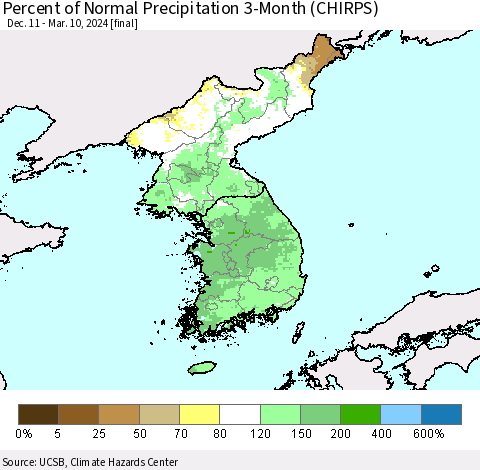 Korea Percent of Normal Precipitation 3-Month (CHIRPS) Thematic Map For 12/11/2023 - 3/10/2024
