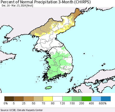 Korea Percent of Normal Precipitation 3-Month (CHIRPS) Thematic Map For 12/16/2023 - 3/15/2024