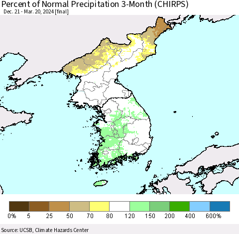 Korea Percent of Normal Precipitation 3-Month (CHIRPS) Thematic Map For 12/21/2023 - 3/20/2024