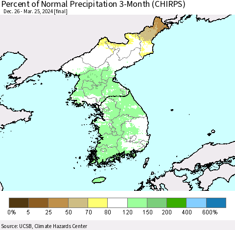 Korea Percent of Normal Precipitation 3-Month (CHIRPS) Thematic Map For 12/26/2023 - 3/25/2024