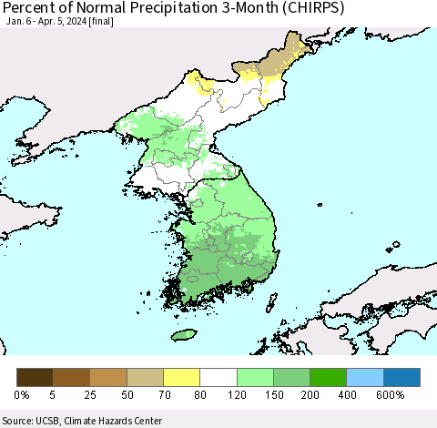 Korea Percent of Normal Precipitation 3-Month (CHIRPS) Thematic Map For 1/6/2024 - 4/5/2024