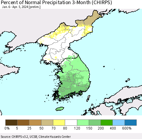 Korea Percent of Normal Precipitation 3-Month (CHIRPS) Thematic Map For 1/6/2024 - 4/5/2024