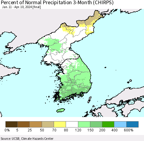 Korea Percent of Normal Precipitation 3-Month (CHIRPS) Thematic Map For 1/11/2024 - 4/10/2024