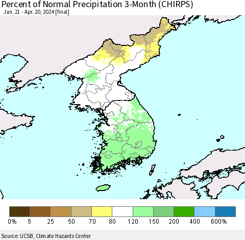 Korea Percent of Normal Precipitation 3-Month (CHIRPS) Thematic Map For 1/21/2024 - 4/20/2024