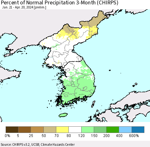 Korea Percent of Normal Precipitation 3-Month (CHIRPS) Thematic Map For 1/21/2024 - 4/20/2024