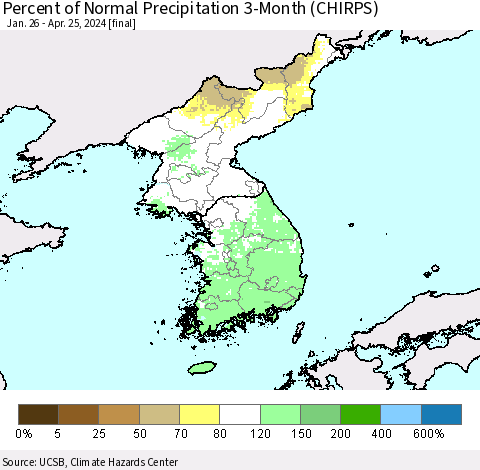 Korea Percent of Normal Precipitation 3-Month (CHIRPS) Thematic Map For 1/26/2024 - 4/25/2024