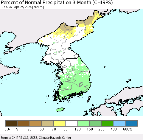 Korea Percent of Normal Precipitation 3-Month (CHIRPS) Thematic Map For 1/26/2024 - 4/25/2024