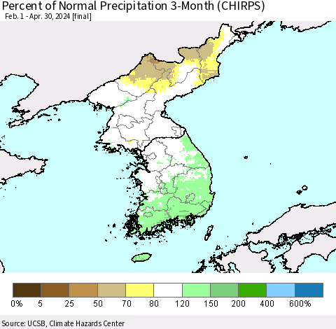 Korea Percent of Normal Precipitation 3-Month (CHIRPS) Thematic Map For 2/1/2024 - 4/30/2024