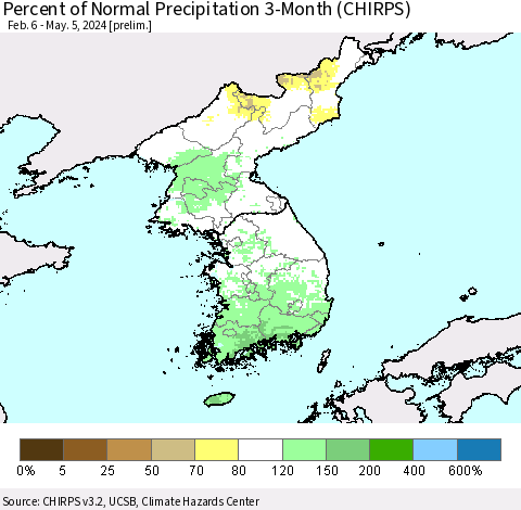Korea Percent of Normal Precipitation 3-Month (CHIRPS) Thematic Map For 2/6/2024 - 5/5/2024