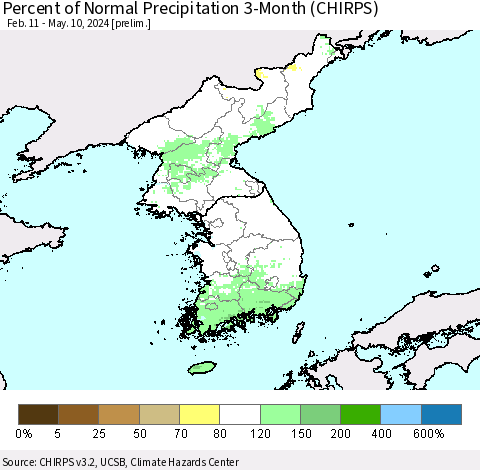 Korea Percent of Normal Precipitation 3-Month (CHIRPS) Thematic Map For 2/11/2024 - 5/10/2024