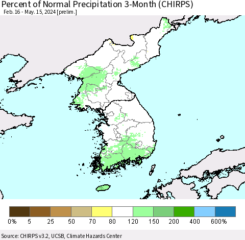 Korea Percent of Normal Precipitation 3-Month (CHIRPS) Thematic Map For 2/16/2024 - 5/15/2024