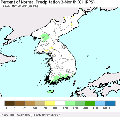 Korea Percent of Normal Precipitation 3-Month (CHIRPS) Thematic Map For 2/21/2024 - 5/20/2024