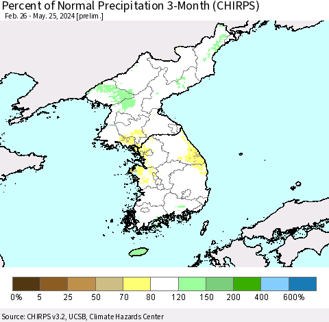 Korea Percent of Normal Precipitation 3-Month (CHIRPS) Thematic Map For 2/26/2024 - 5/25/2024