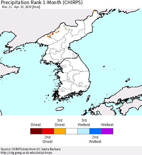 Korea Precipitation Rank since 1981, 1-Month (CHIRPS) Thematic Map For 3/11/2019 - 4/10/2019
