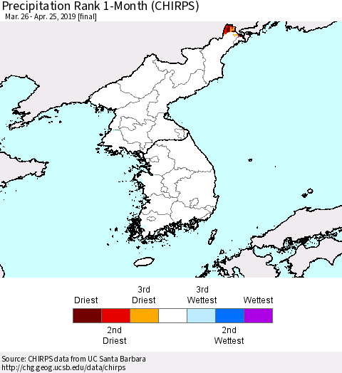 Korea Precipitation Rank since 1981, 1-Month (CHIRPS) Thematic Map For 3/26/2019 - 4/25/2019