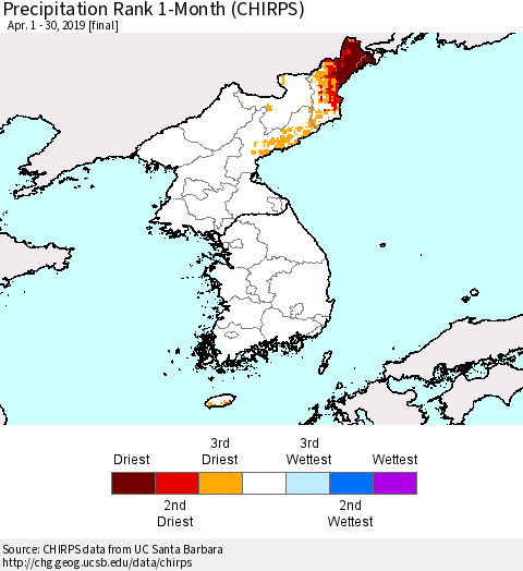 Korea Precipitation Rank since 1981, 1-Month (CHIRPS) Thematic Map For 4/1/2019 - 4/30/2019