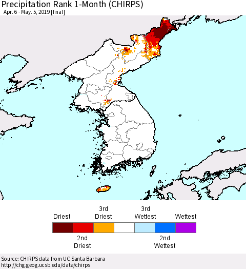 Korea Precipitation Rank since 1981, 1-Month (CHIRPS) Thematic Map For 4/6/2019 - 5/5/2019