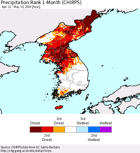 Korea Precipitation Rank since 1981, 1-Month (CHIRPS) Thematic Map For 4/11/2019 - 5/10/2019