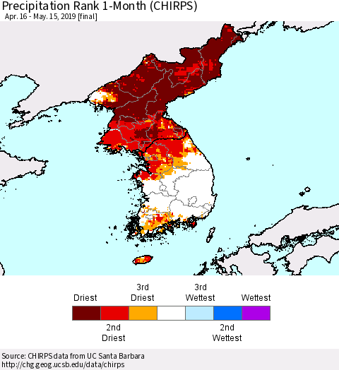 Korea Precipitation Rank since 1981, 1-Month (CHIRPS) Thematic Map For 4/16/2019 - 5/15/2019