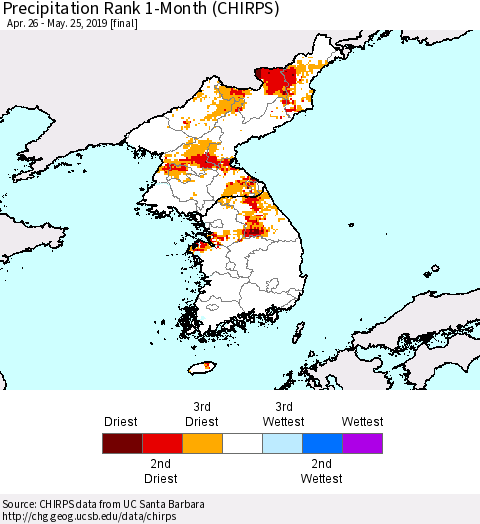 Korea Precipitation Rank since 1981, 1-Month (CHIRPS) Thematic Map For 4/26/2019 - 5/25/2019