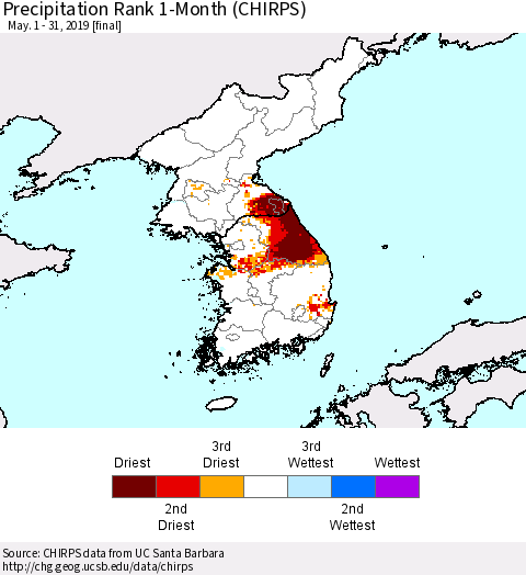 Korea Precipitation Rank since 1981, 1-Month (CHIRPS) Thematic Map For 5/1/2019 - 5/31/2019