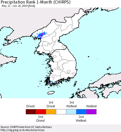 Korea Precipitation Rank since 1981, 1-Month (CHIRPS) Thematic Map For 5/11/2019 - 6/10/2019