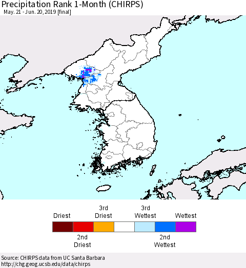 Korea Precipitation Rank since 1981, 1-Month (CHIRPS) Thematic Map For 5/21/2019 - 6/20/2019