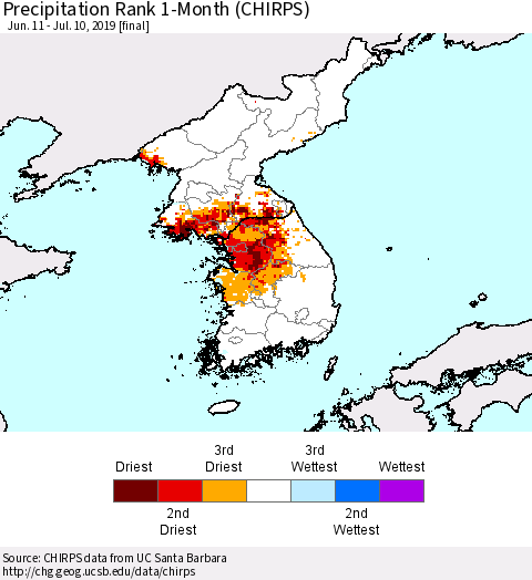 Korea Precipitation Rank since 1981, 1-Month (CHIRPS) Thematic Map For 6/11/2019 - 7/10/2019